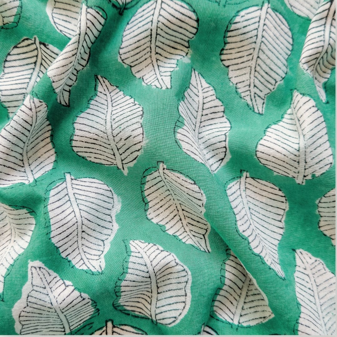 Hand Block Printed Cotton Fabric Fabric Turquoise & White Autumn Leaf | Hand Block Printed Pure Cotton Fabric