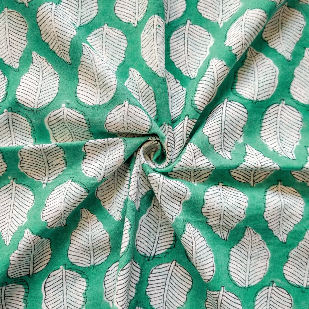 Hand Block Printed Cotton Fabric Fabric Turquoise & White Autumn Leaf | Hand Block Printed Pure Cotton Fabric