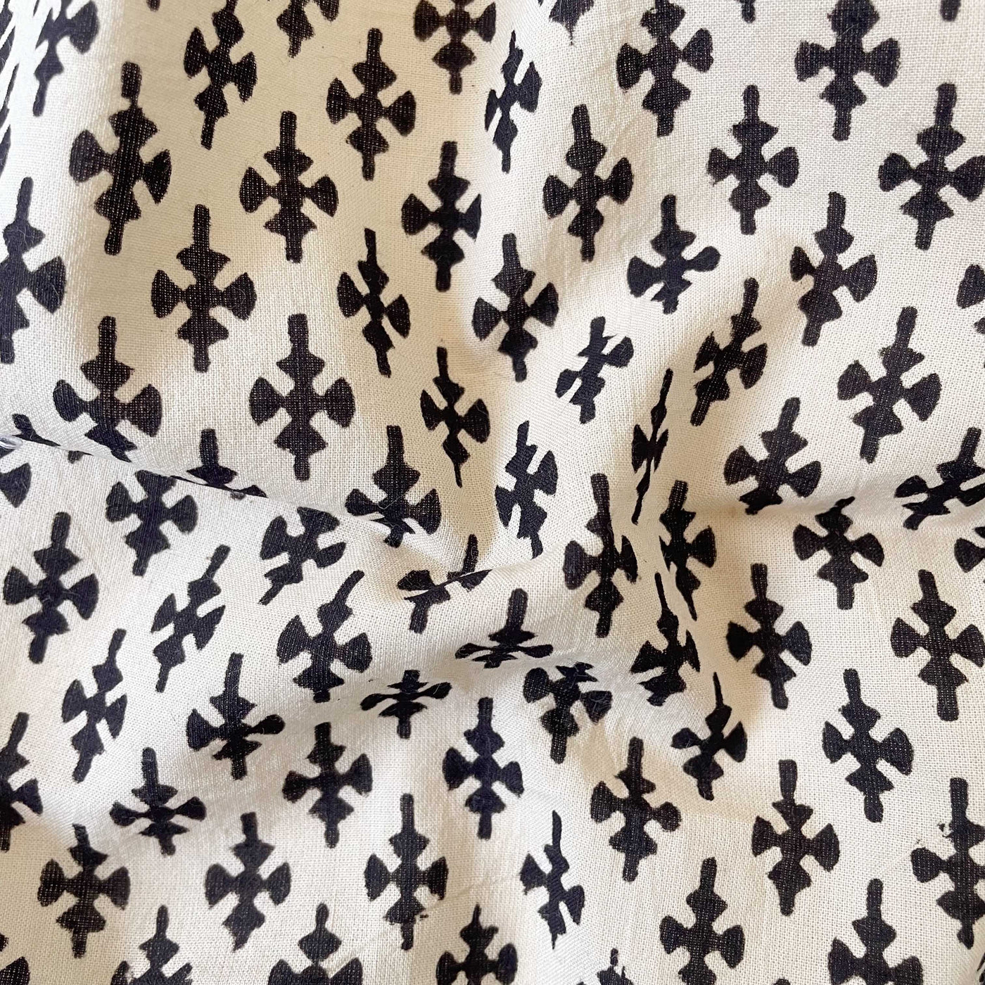 Hand Block Printed Cotton Fabric Fabric White & Black Abstract Geometric Bagru Natural Dyed Hand Block Printed Pure Cotton Fabric (Width 42 Inches)