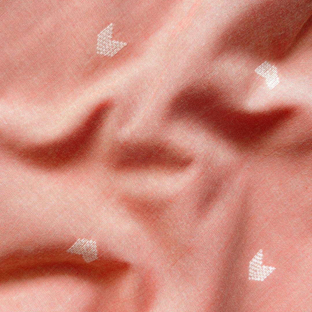 Hand Block Printed Cotton Fabric Fabric White & Peach Woven Jamdani Pure Handloom Cotton Fabric (Width 42 Inches)