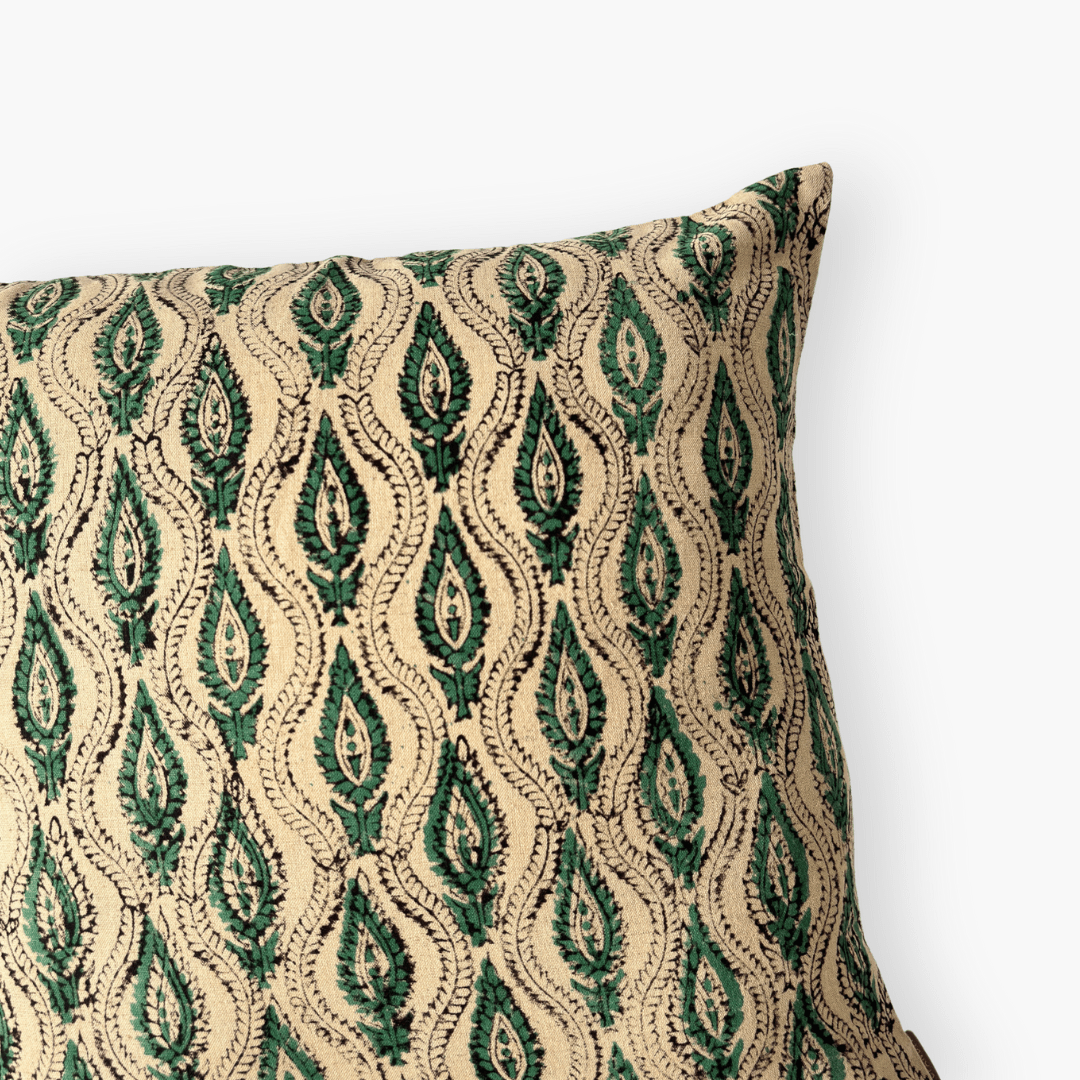 Hand Block Printed Cushion Covers Beige & Green Abstract Paisley Hand Block Printed Cotton Linen Cushion Covers (16X16)