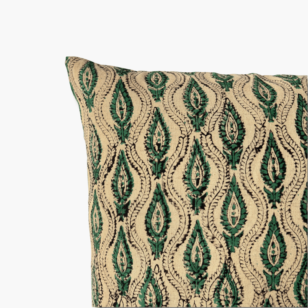 Hand Block Printed Cushion Covers Beige & Green Abstract Paisley Hand Block Printed Cotton Linen Cushion Covers (16X16)