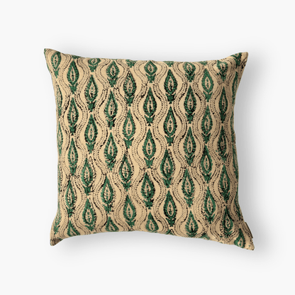 Hand Block Printed Cushion Covers Beige & Green Abstract Paisley Hand Block Printed Cotton Linen Cushion Covers (16X16)