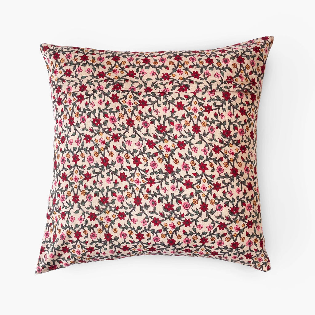 Hand Block Printed Cushion Covers Home Beige & Maroon Mughal Floral Vines Hand Block Printed Cotton Linen Cushion Covers (16X16)