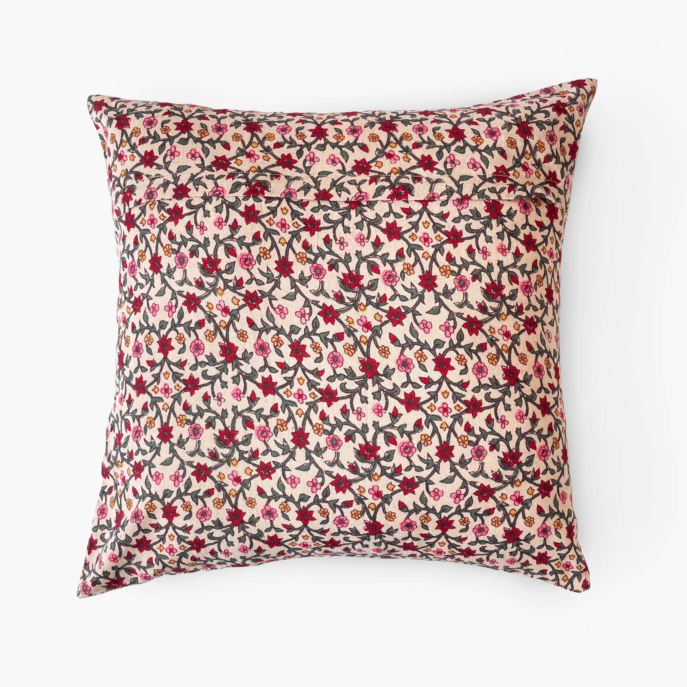 Hand Block Printed Cushion Covers Home Beige & Maroon Mughal Floral Vines Hand Block Printed Cotton Linen Cushion Covers (16X16)