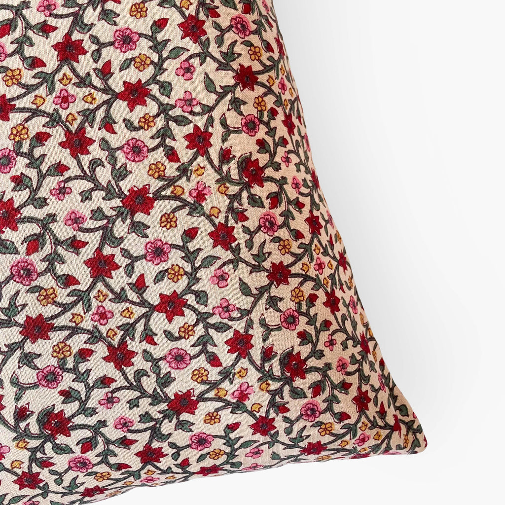 Hand Block Printed Cushion Covers Home Beige & Maroon Mughal Floral Vines Hand Block Printed Cotton Linen Cushion Covers (16X16)