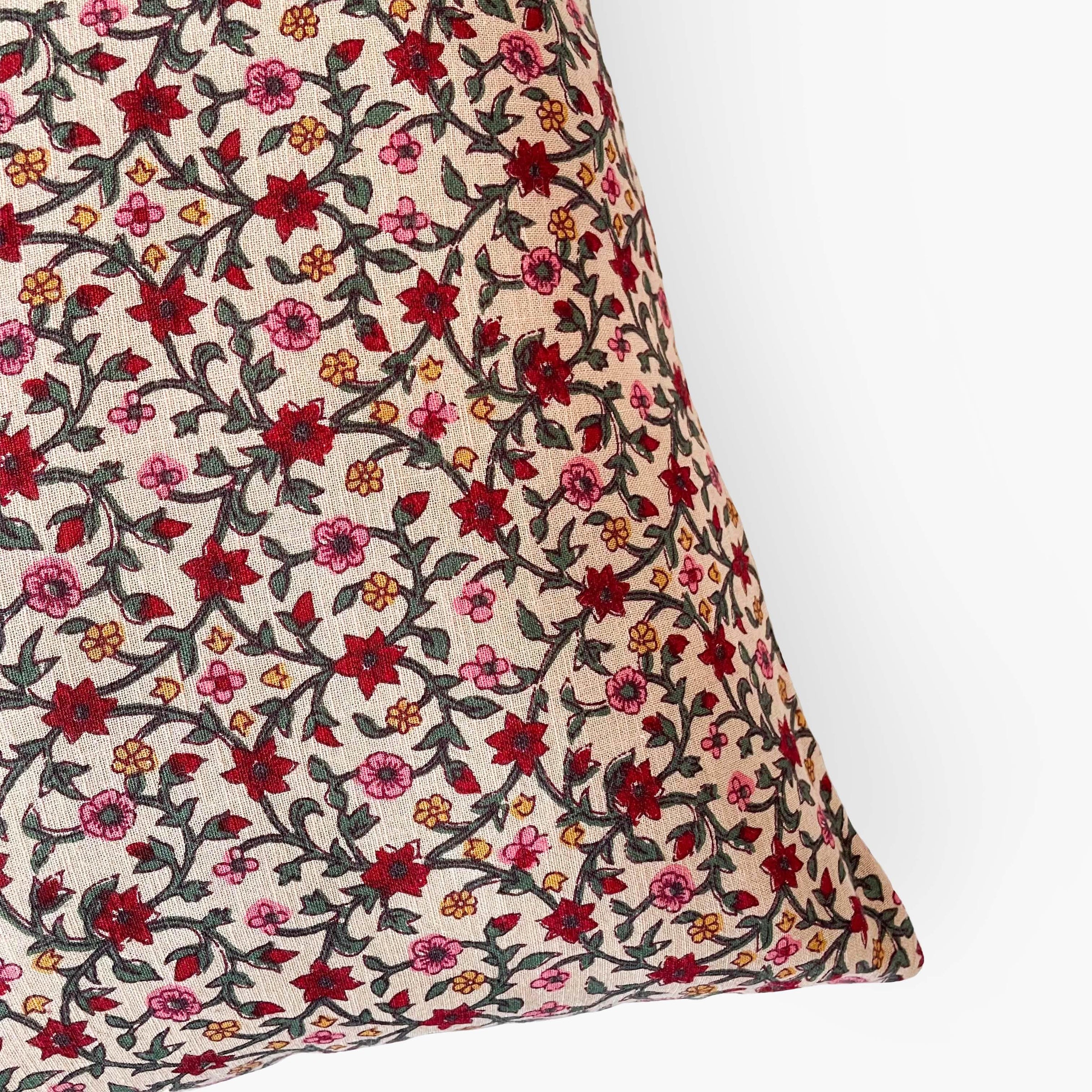 Hand Block Printed Cushion Covers Home Beige & Maroon Mughal Floral Vines Hand Block Printed Cotton Linen Cushion Covers (16X16)