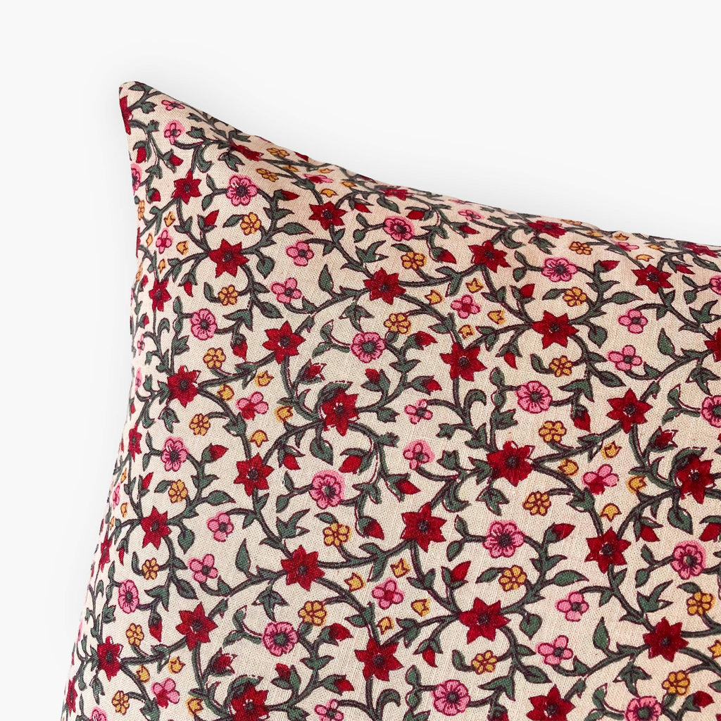 Hand Block Printed Cushion Covers Home Beige & Maroon Mughal Floral Vines Hand Block Printed Cotton Linen Cushion Covers (16X16)