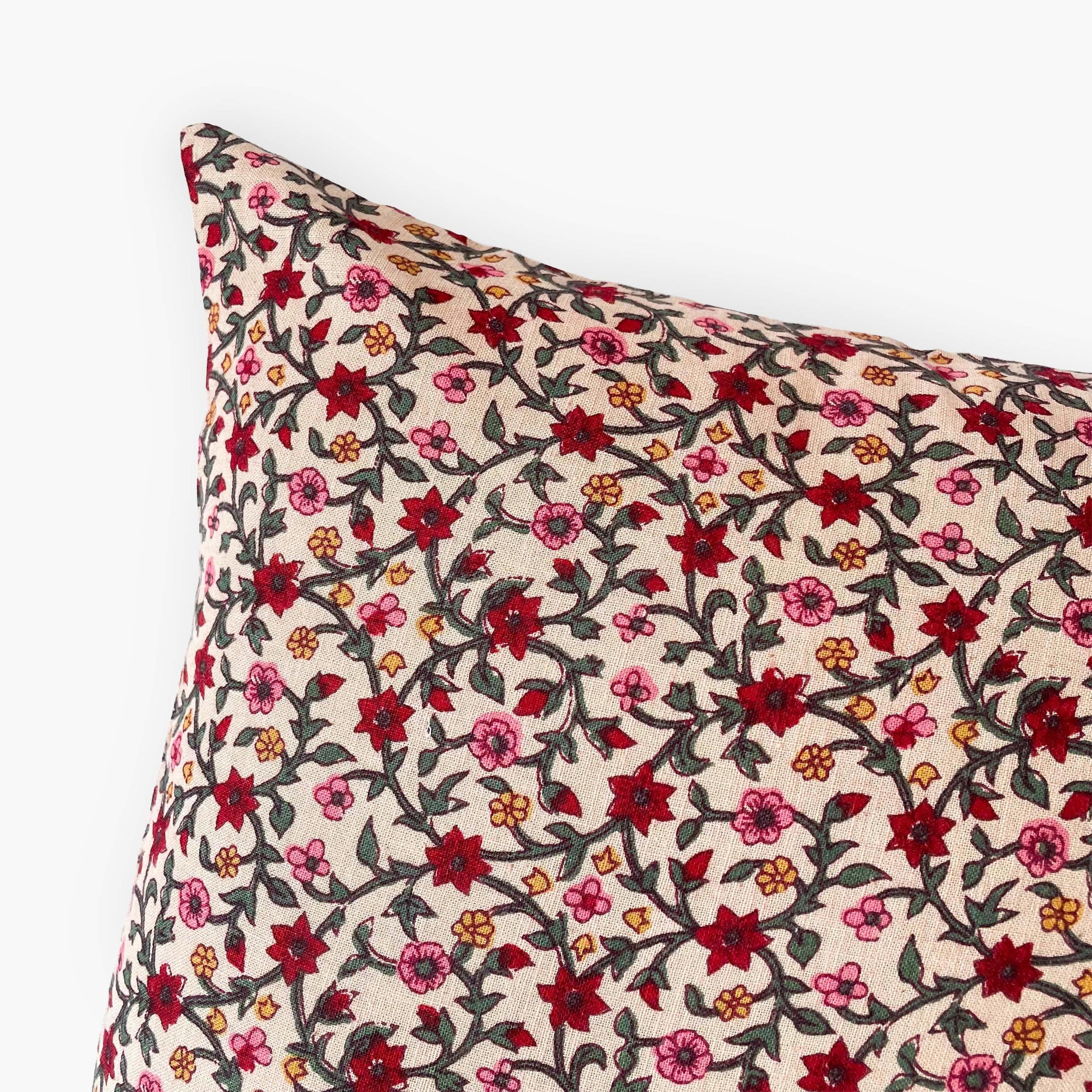 Hand Block Printed Cushion Covers Home Beige & Maroon Mughal Floral Vines Hand Block Printed Cotton Linen Cushion Covers (16X16)