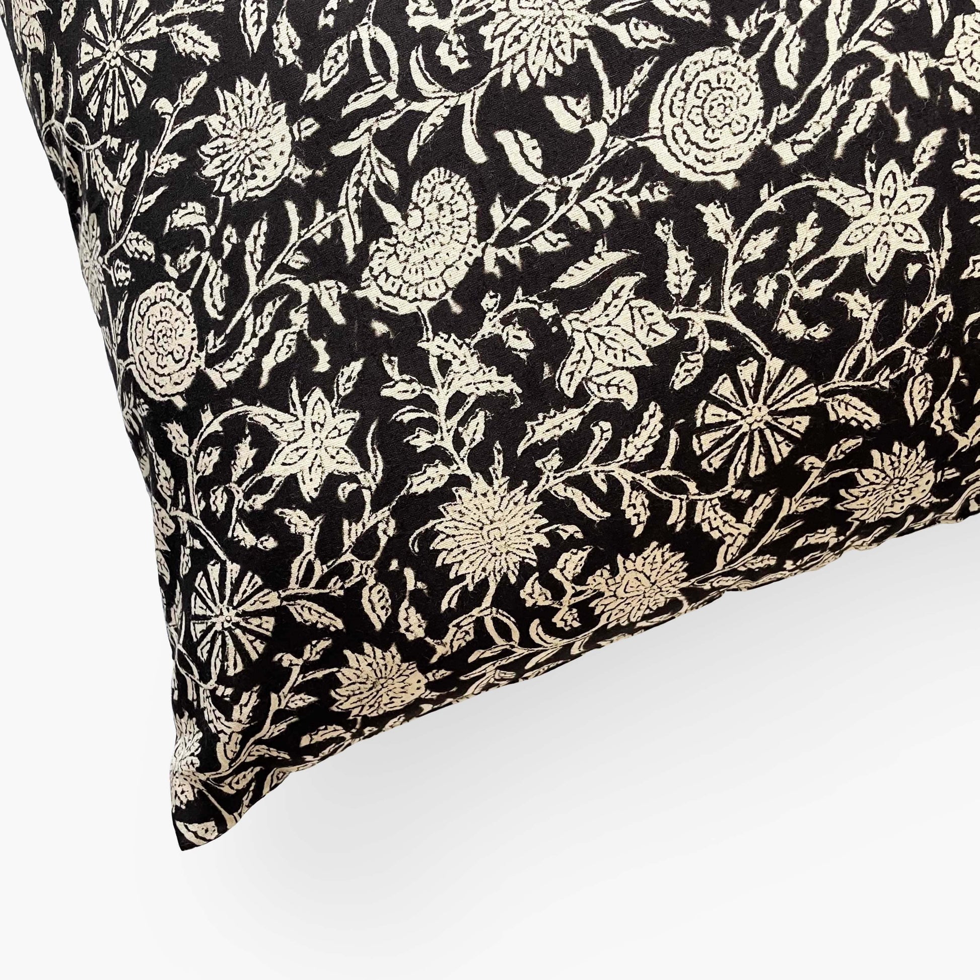 Hand Block Printed Cushion Covers Home Black & Beige Floral Vines Hand Block Printed Cotton Cushion Covers (16X16)