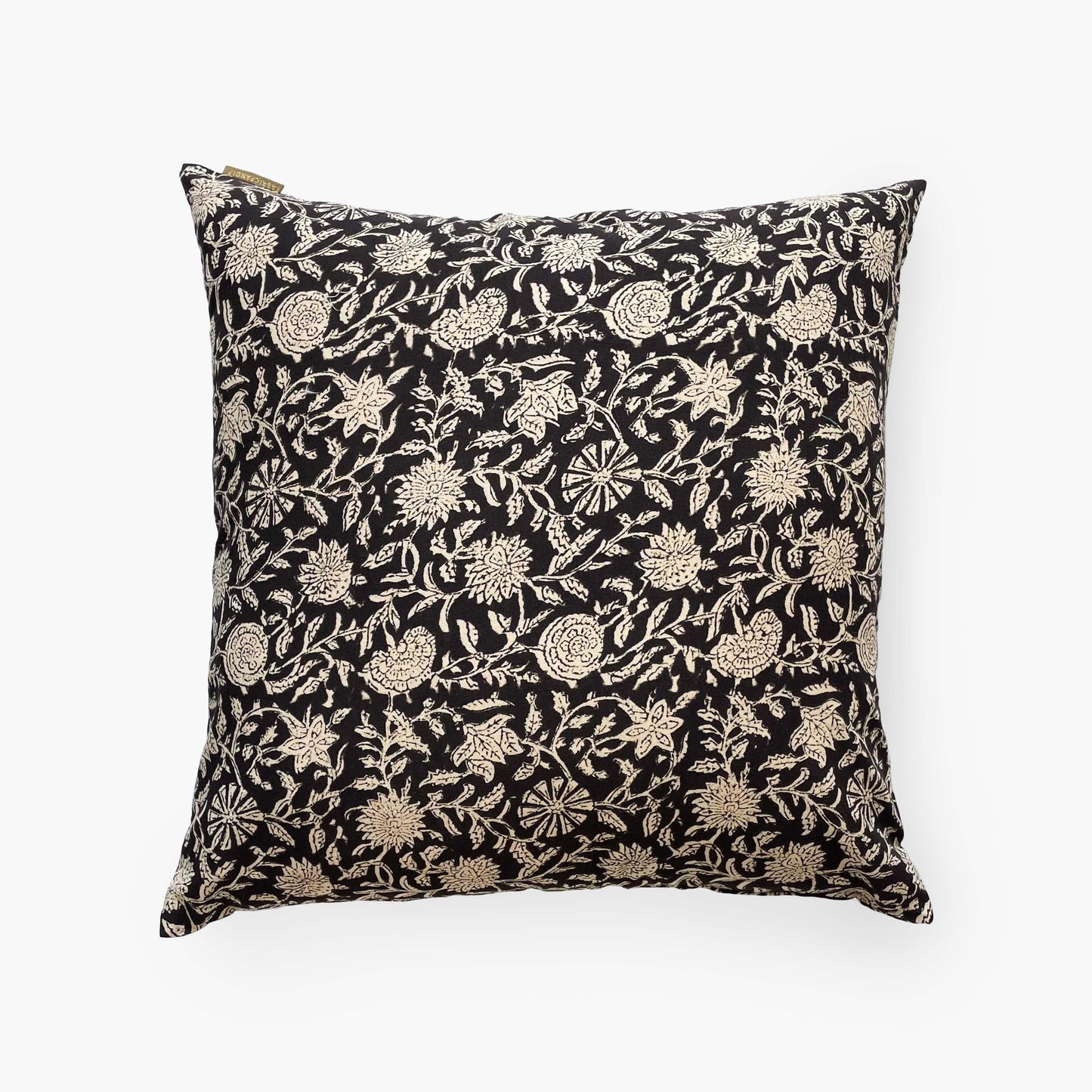 Hand Block Printed Cushion Covers Home Black & Beige Floral Vines Hand Block Printed Cotton Cushion Covers (16X16)