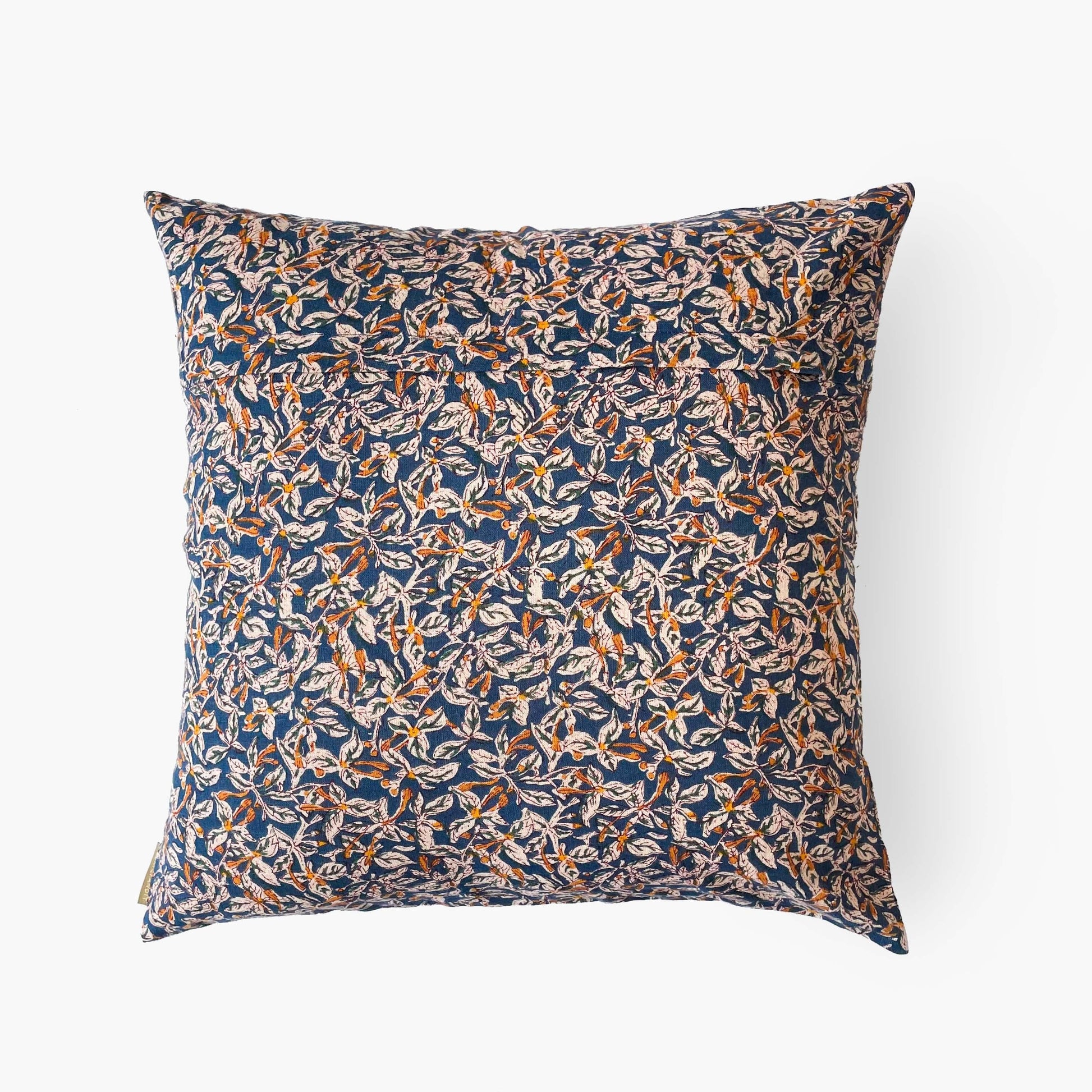 Hand Block Printed Cushion Covers Home Coral Blue & Yellow Tamarind Trees Hand Block Printed Cotton Linen Cushion Covers (16X16)