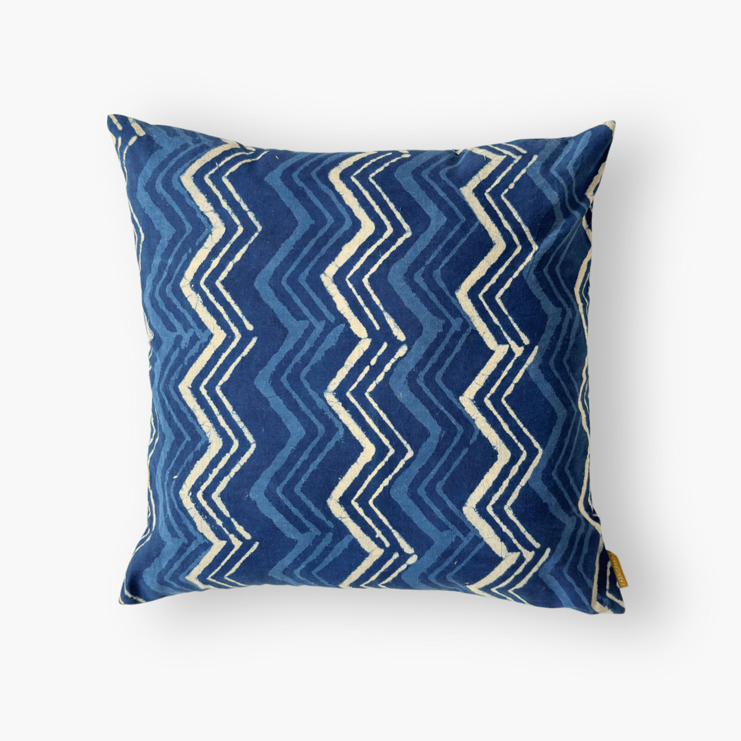 Hand Block Printed Cushion Covers Home Indigo Dabu Zig-Zag Hand Block Printed Cotton Cushion Covers (16X16)