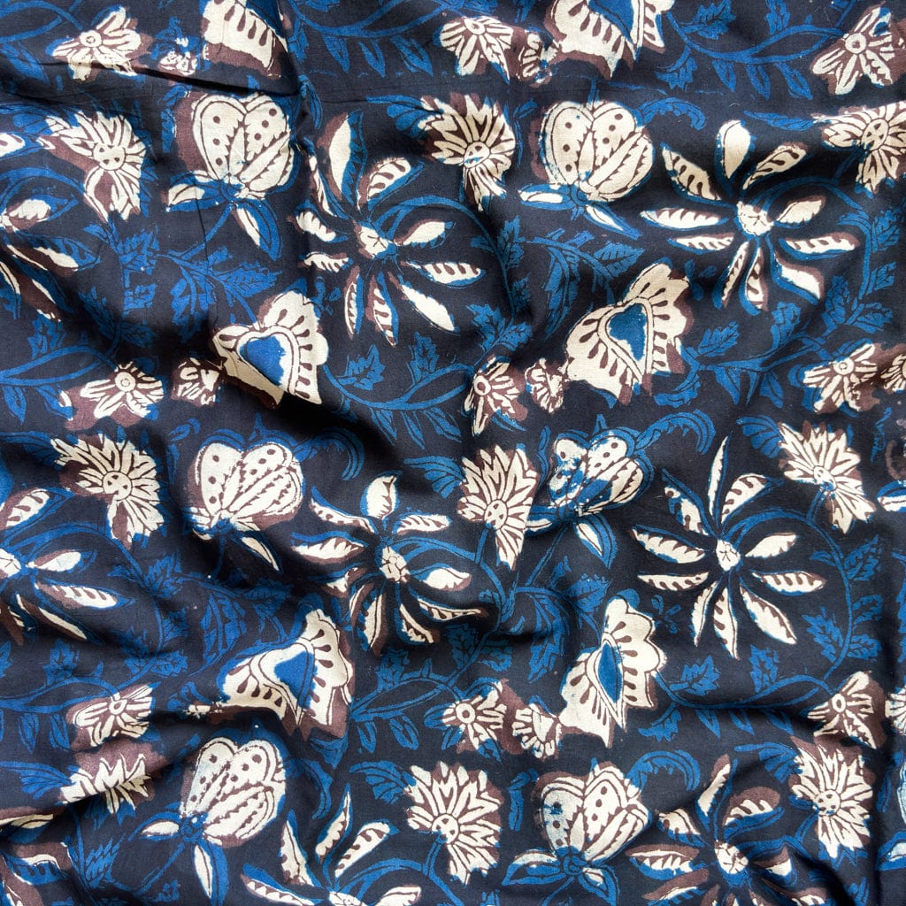 Hand Block Printed Kurta Set Blouse Piece Black & Blue Abstract Floral Garden Jahota Hand Block Printed Pure Cotton Blouse Piece (1 Meter Piece | Width 42 Inches)