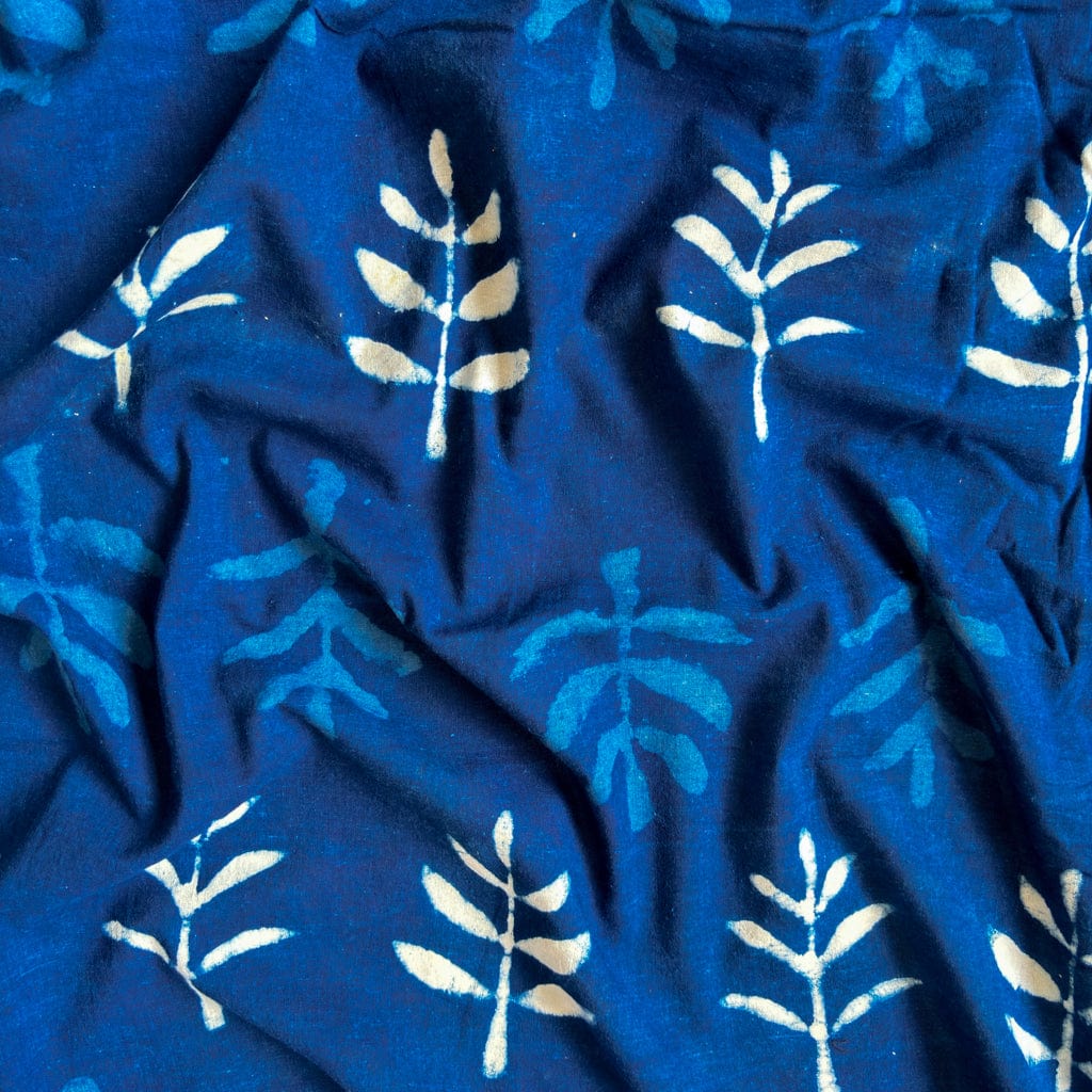 Hand Block Printed Kurta Set Blouse Piece Indigo Dabu Natural Dyed Abstract Leaf Hand Block Printed Pure Cotton Blouse Piece (1 Meter Piece | Width 42 Inches)