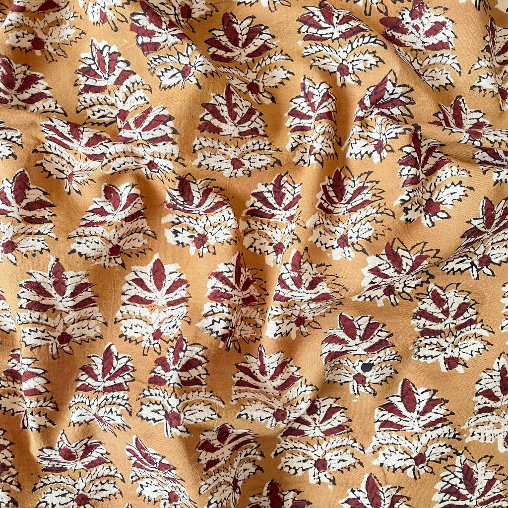 Hand Block Printed Kurta Set Blouse Piece Saffron & Red Abstract Floral Ajrakh Natural Dyed Hand Block Printed Pure Cotton Blouse Piece (1 Meter Piece | Width 42 Inches)