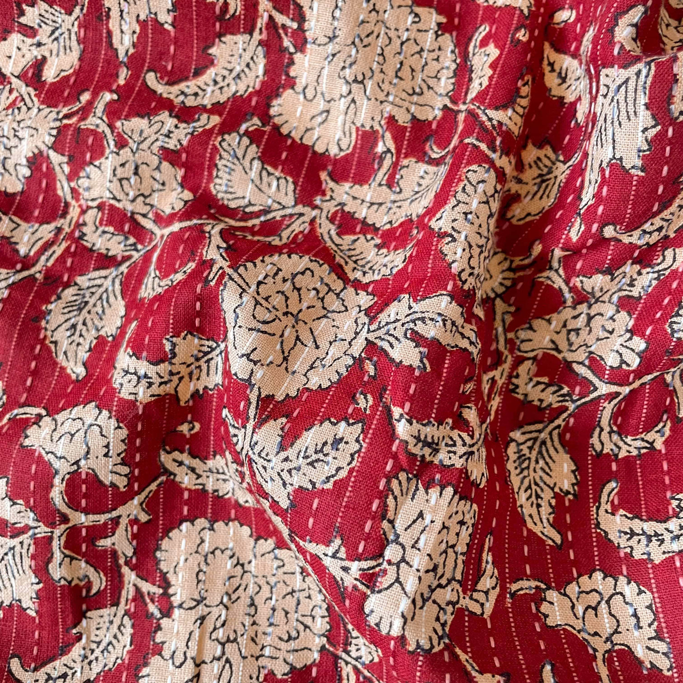 Hand Block Printed Kurta Set Kurta Set Beige & Red Flower Garden | Kantha Embroidered Hand Block Printed Pure Cotton Fabric (3 Meters) | and Cotton Pyjama (2.5 Meters) | Unstitched Combo Set