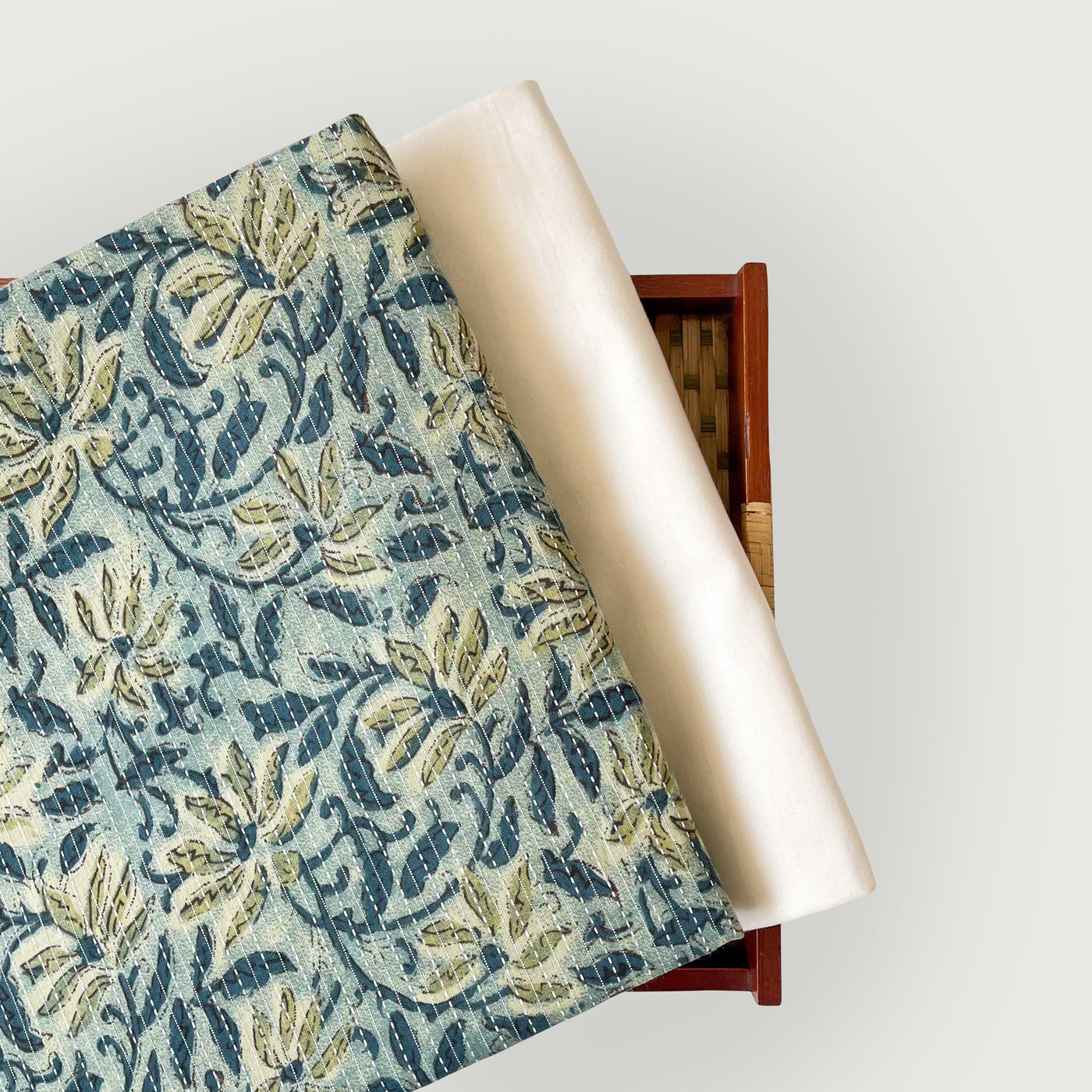 Hand Block Printed Kurta Set Kurta Set Coral Green & Blue Vintage floral | Ajrakh Natural Hand Block Printed Pure Cotton Fabric (3 Meters) | and Cotton Pyjama (2.5 Meters) | Unstitched Combo Set