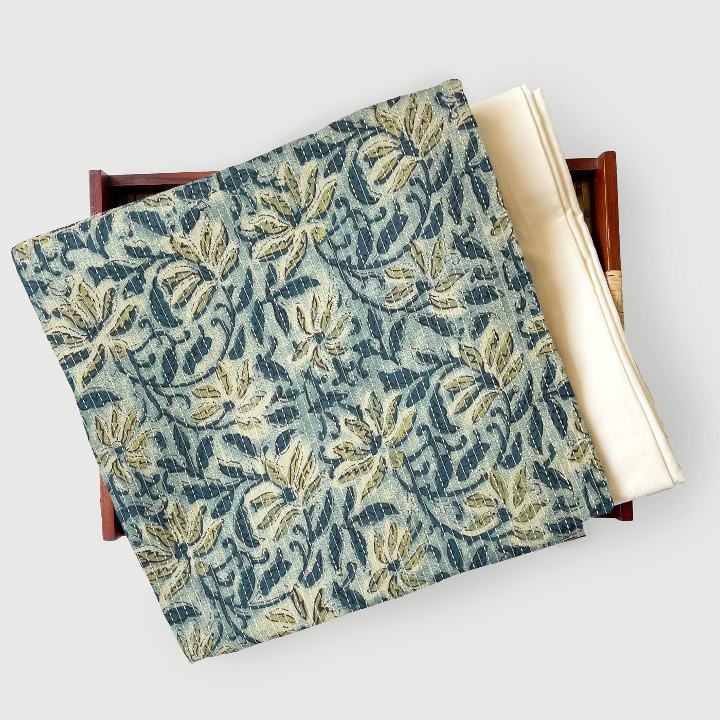 Hand Block Printed Kurta Set Kurta Set Coral Green & Blue Vintage floral | Ajrakh Natural Hand Block Printed Pure Cotton Fabric (3 Meters) | and Cotton Pyjama (2.5 Meters) | Unstitched Combo Set