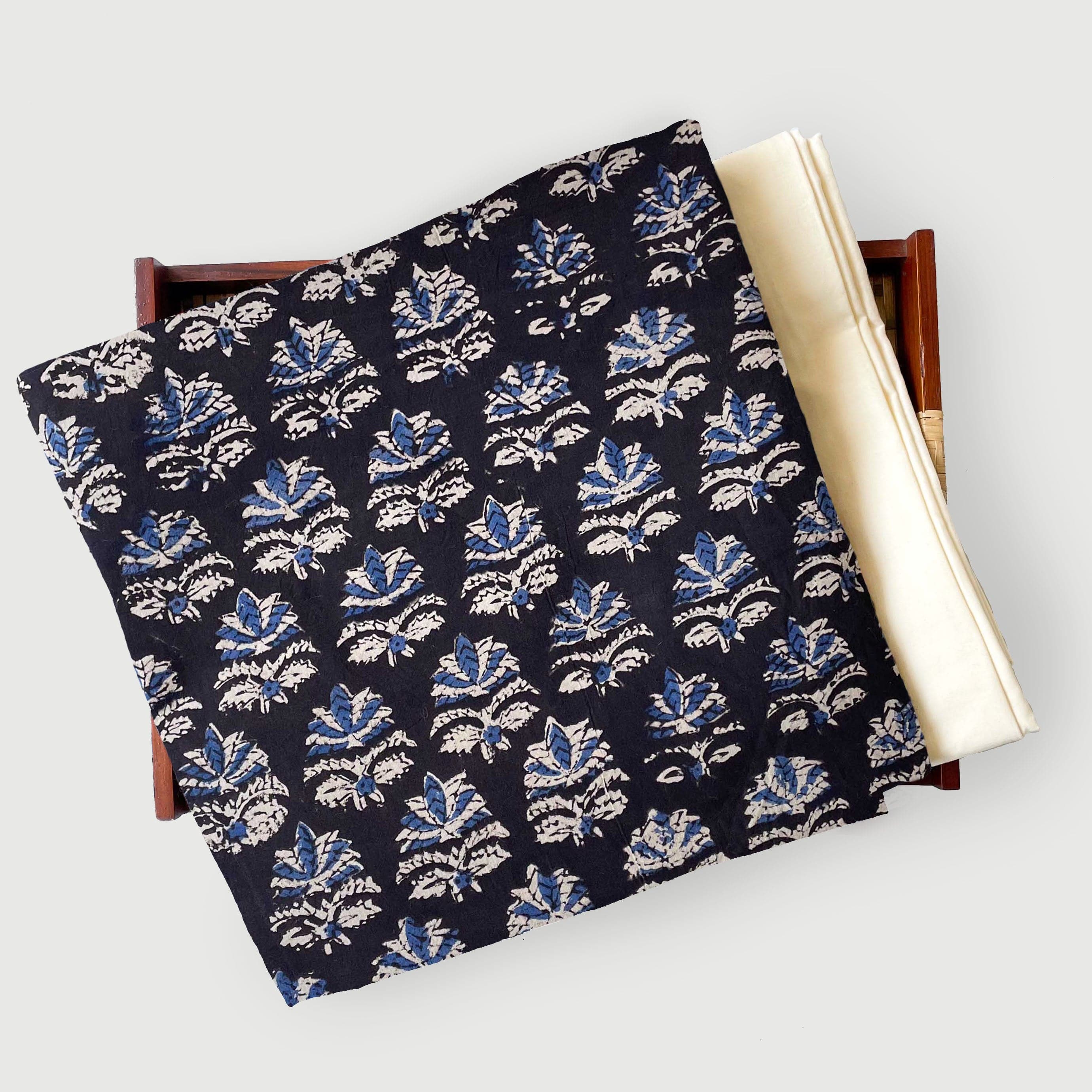 Deep Black & Blue Abstract Floral | Ajrakh Natural Dyed Hand Block Pri ...