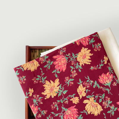 Hand Block Printed Kurta Set Kurta Set Deep Red & Yellow Floral Garden| Hand Block Printed Pure Cotton Fabric (3 Meters) | and Cotton Pyjama (2.5 Meters) | Unstitched Combo Set
