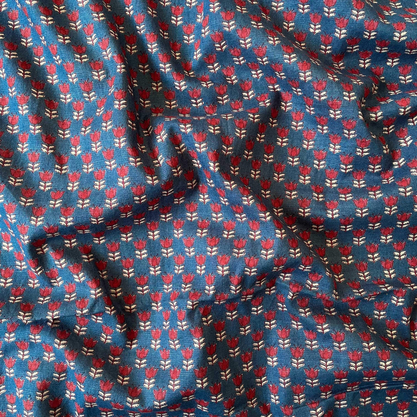 Hand Block Printed Kurta Set Kurta Set Dusty Blue & Red Mini Tulips| Hand Block Printed Pure Cotton Fabric (3 Meters) | and Cotton Pyjama (2.5 Meters) | Unstitched Combo Set
