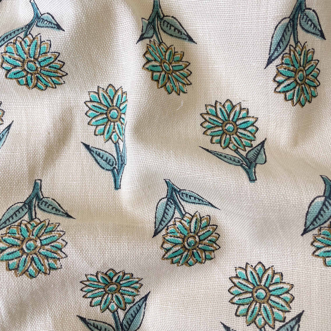 Hand Block Printed Kurta Set Kurta Set Fresh Beige & Green Sunflower | Hand Block Printed Pure Cotton Linen Fabric (3 Meters) | and Cotton Pyjama (2.5 Meters) | Unstitched Combo Set