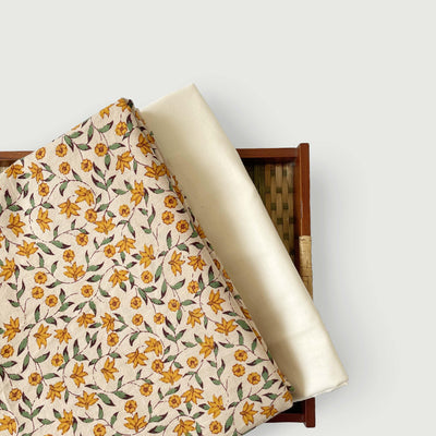 Hand Block Printed Kurta Set Kurta Set Fresh Yellow & Beige Garden of Daisies | Hand Block Printed Pure Cotton Fabric (3 Meters) | and Cotton Pyjama (2.5 Meters) | Unstitched Combo Set