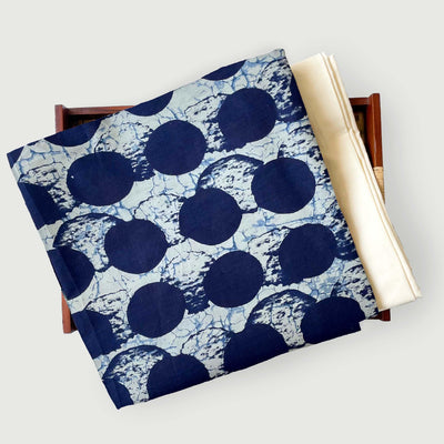 Hand Block Printed Kurta Set Kurta Set Indigo Blue Gigantic Polkas | Hand Block Printed Pure Cotton Fabric (3 Meters) | and Cotton Pyjama (2.5 Meters) | Unstitched Combo Set