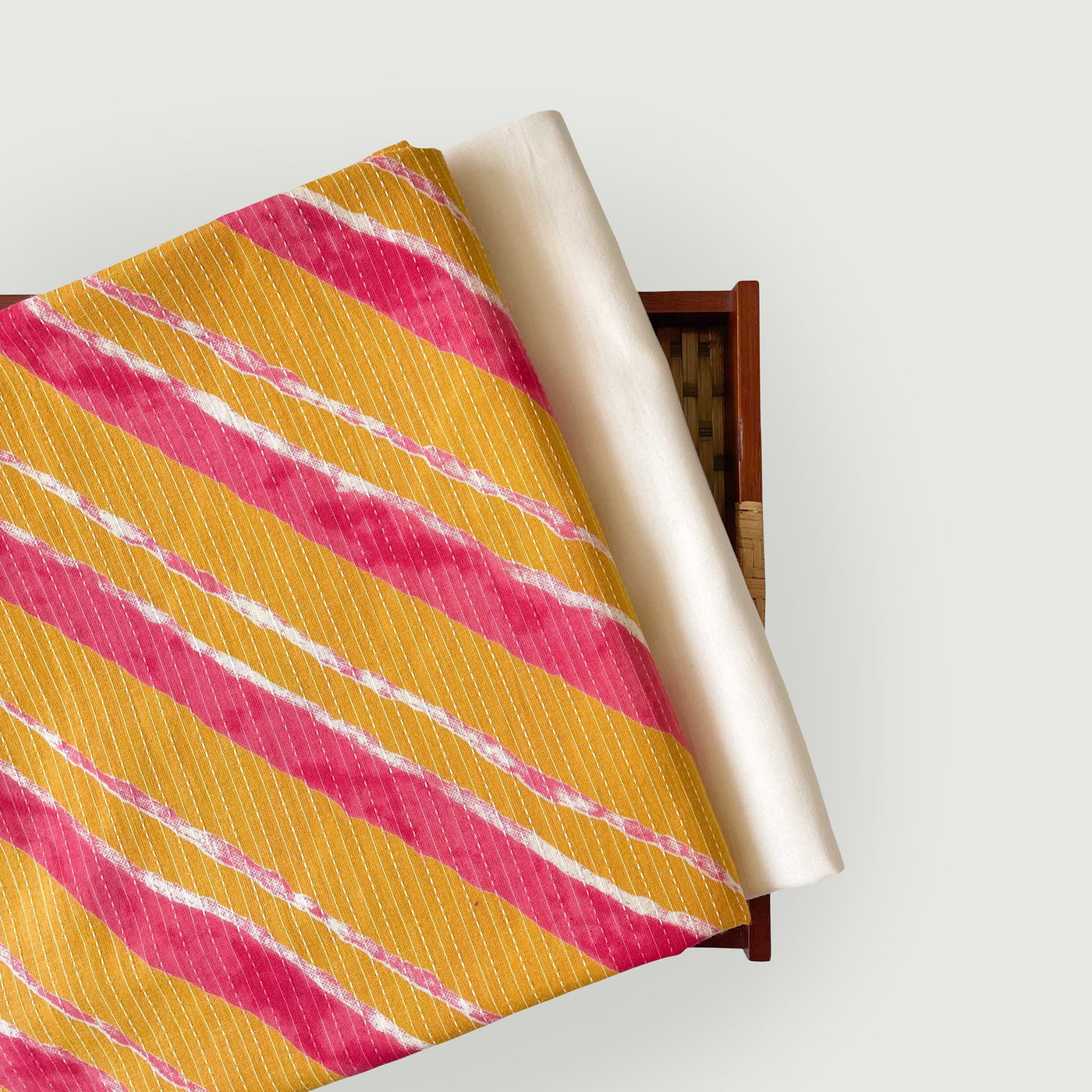 Hand Block Printed Kurta Set Kurta Set Mango Yellow & Pink Leheriya | Kantha Embroidered Hand Block Printed Pure Cotton Fabric (3 Meters) | and Cotton Pyjama (2.5 Meters) | Unstitched Combo Set