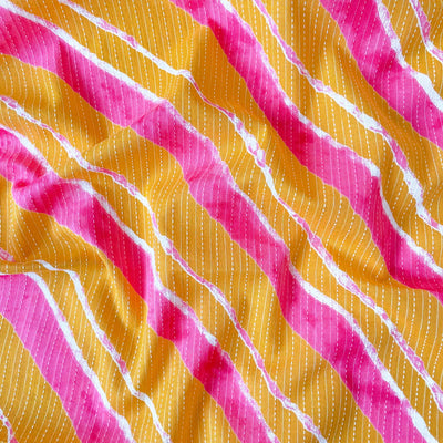 Hand Block Printed Kurta Set Kurta Set Mango Yellow & Pink Leheriya | Kantha Embroidered Hand Block Printed Pure Cotton Fabric (3 Meters) | and Cotton Pyjama (2.5 Meters) | Unstitched Combo Set