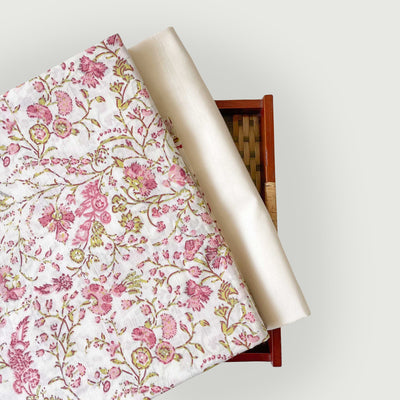 Hand Block Printed Kurta Set Kurta Set Pastel Pink & White Fresh Blooms | Hand Block Printed Pure Cotton Fabric (3 Meters) | and Cotton Pyjama (2.5 Meters) | Unstitched Combo Set