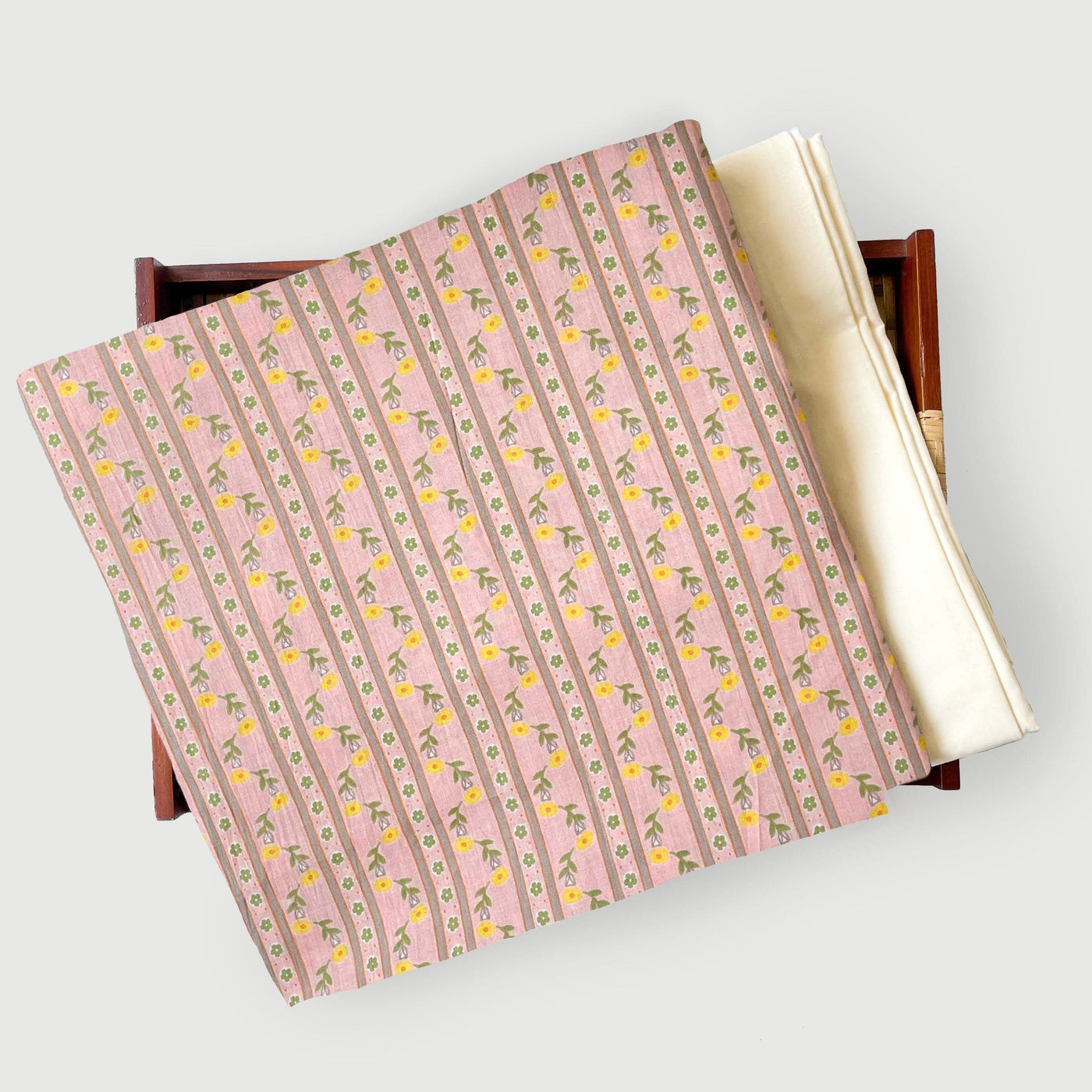 Hand Block Printed Kurta Set Kurta Set Pastel Pink & Yellow Floral Stripes| Hand Block Printed Pure Cotton Fabric (3 Meters) | and Cotton Pyjama (2.5 Meters) | Unstitched Combo Set