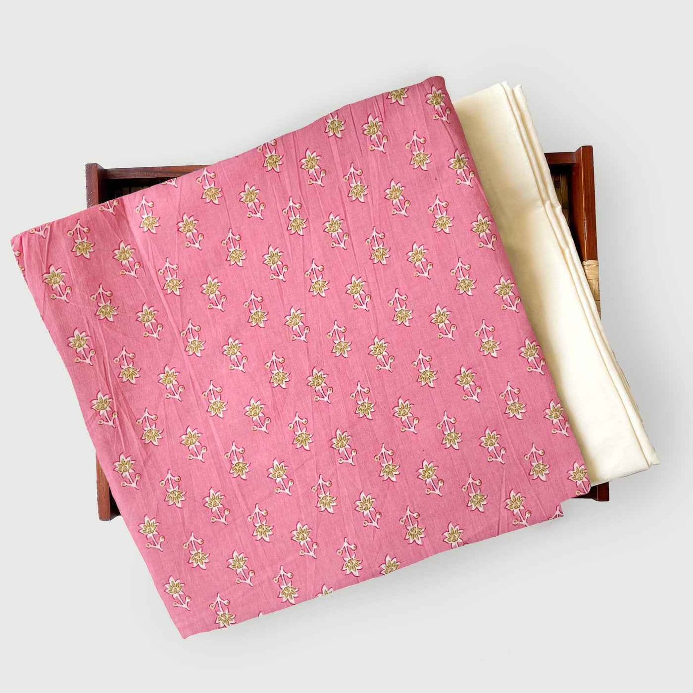Hand Block Printed Kurta Set Kurta Set Summer Pink & Green Mini Floral| Hand Block Printed Pure Cotton Fabric (3 Meters) | and Cotton Pyjama (2.5 Meters) | Unstitched Combo Set