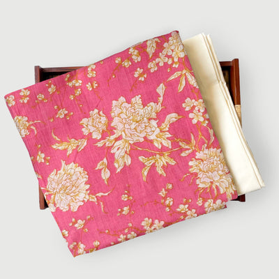 Hand Block Printed Kurta Set Kurta Set Summer Pink & Yellow Classic Botanical | Hand Block Printed Pure Cotton Fabric (3 Meters) | and Cotton Pyjama (2.5 Meters) | Unstitched Combo Set
