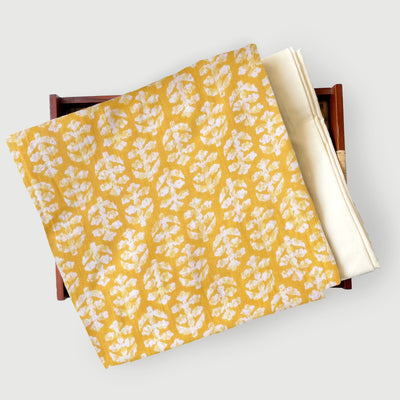 Hand Block Printed Kurta Set Kurta Set Sunny Yellow Abstract Floral | Batik Natural Dyed Hand Block Printed Pure Cotton Fabric (3 Meters) | and Cotton Pyjama (2.5 Meters) | Unstitched Combo Set