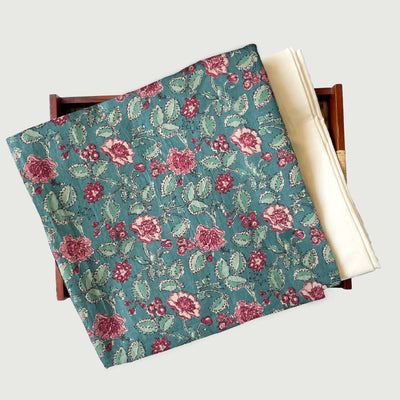 Hand Block Printed Kurta Set Kurta Set Teal Blue & Pink Fresh Blooms| Hand Block Printed Pure Cotton Fabric (3 Meters) | and Cotton Pyjama (2.5 Meters) | Unstitched Combo Set