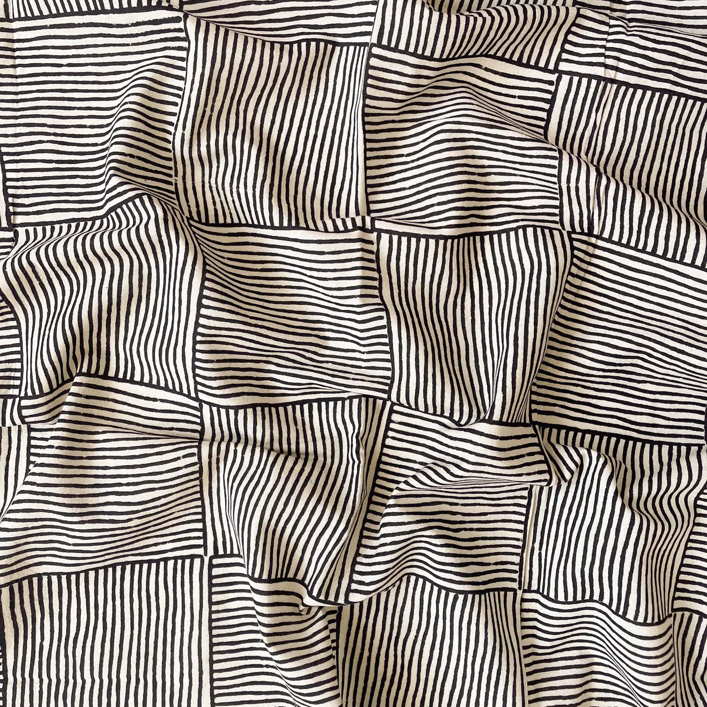 Hand Block Printed Kurta Set Kurta Set Unisex Cream & Black Stripes & Checks | Hand Block Printed Pure Cotton Linen Kurta Fabric (3 Meters) | and Cotton Pyjama (2.5 Meters) | Unstitched Combo Set