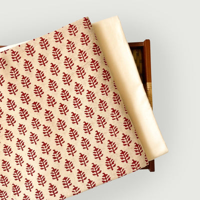 Hand Block Printed Kurta Set Kurta Set Unisex Cream & Red Traditional Mini Floral | Hand Block Printed Pure Cotton Linen Kurta Fabric (3 Meters) | and Cotton Pyjama (2.5 Meters) | Unstitched Combo Set