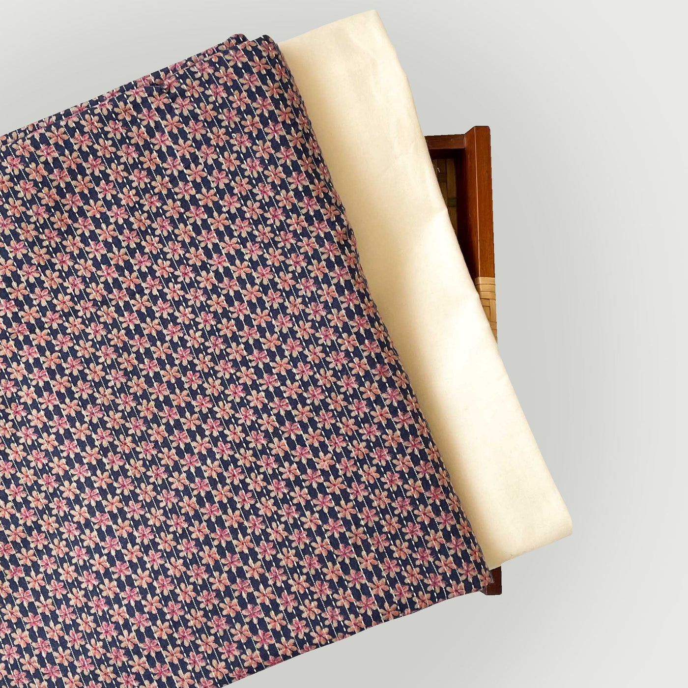 Hand Block Printed Kurta Set Kurta Set Unisex Dark Blue & Pink Embroidered Kantha | Hand Block Printed Pure Cotton Linen Kurta Fabric (3 Meters) | and Cotton Pyjama (2.5 Meters) | Unstitched Combo Set