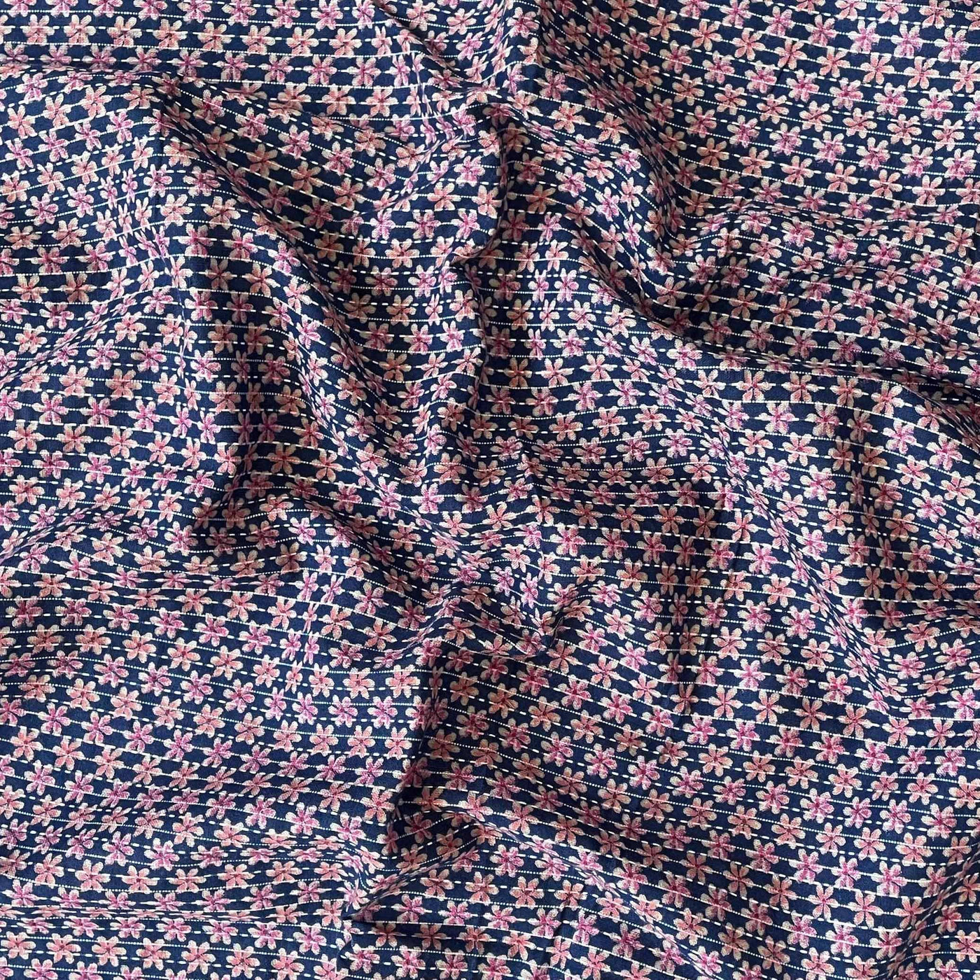 Hand Block Printed Kurta Set Kurta Set Unisex Dark Blue & Pink Embroidered Kantha | Hand Block Printed Pure Cotton Linen Kurta Fabric (3 Meters) | and Cotton Pyjama (2.5 Meters) | Unstitched Combo Set