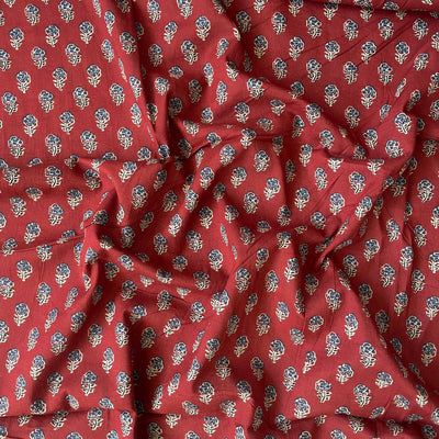 Hand Block Printed Kurta Set Kurta Set Unisex Dusty Red & Blue Mini Floral | Hand Block Printed Pure Cotton Linen Kurta Fabric (3 Meters) | and Cotton Pyjama (2.5 Meters) | Unstitched Combo Set
