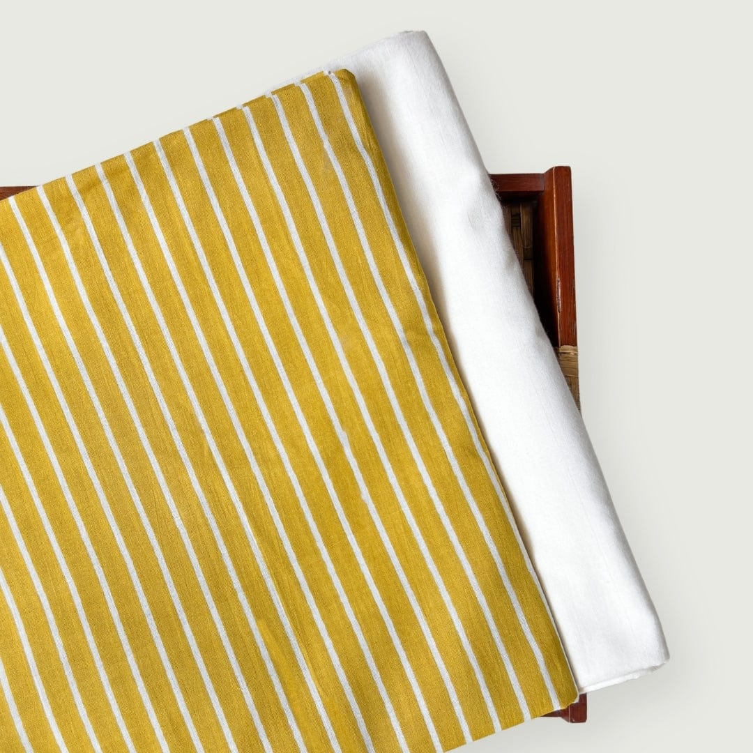 Hand Block Printed Kurta Set Kurta Set Unisex Mustard and Off-White Stripes | Hand Block Printed Pure Cotton Fabric (3 Meters) | and Cotton Pyjama (2.5 Meters) | Unstitched Combo Set