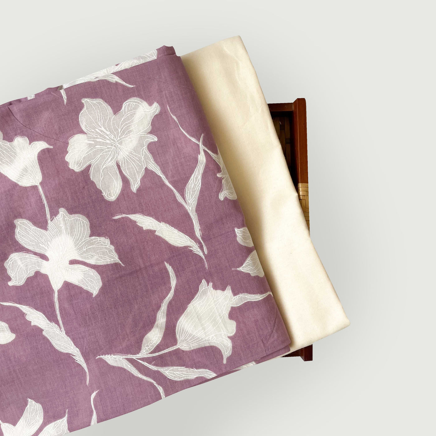 Hand Block Printed Kurta Set Kurta Set Unisex White & Dusty Lilac Hibiscus Garden| Hand Block Printed Pure Cotton Linen Kurta Fabric (3 Meters) | and Cotton Pyjama (2.5 Meters) | Unstitched Combo Set