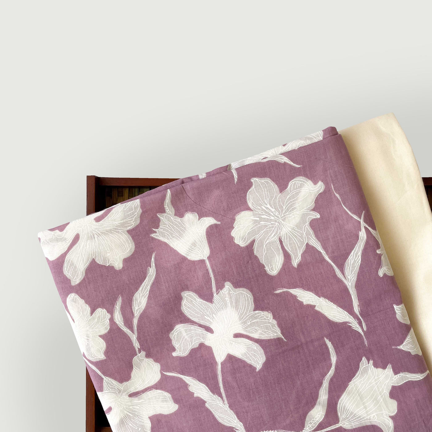 Hand Block Printed Kurta Set Kurta Set Unisex White & Dusty Lilac Hibiscus Garden| Hand Block Printed Pure Cotton Linen Kurta Fabric (3 Meters) | and Cotton Pyjama (2.5 Meters) | Unstitched Combo Set