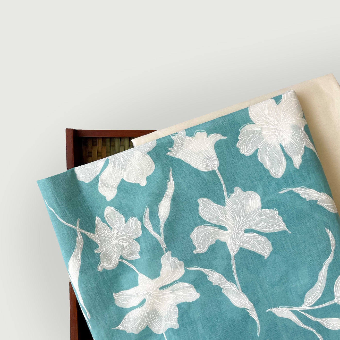 Hand Block Printed Kurta Set Kurta Set Unisex White & Turquoise Hibiscus Garden | Hand Block Printed Pure Cotton Linen Kurta Fabric (3 Meters) | and Cotton Pyjama (2.5 Meters) | Unstitched Combo Set