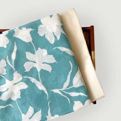 Hand Block Printed Kurta Set Kurta Set Unisex White & Turquoise Hibiscus Garden | Hand Block Printed Pure Cotton Linen Kurta Fabric (3 Meters) | and Cotton Pyjama (2.5 Meters) | Unstitched Combo Set