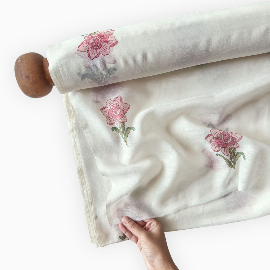 Hand Block Printed Linen Fabric Fabric Off-White & Light Pink Linen Fabric