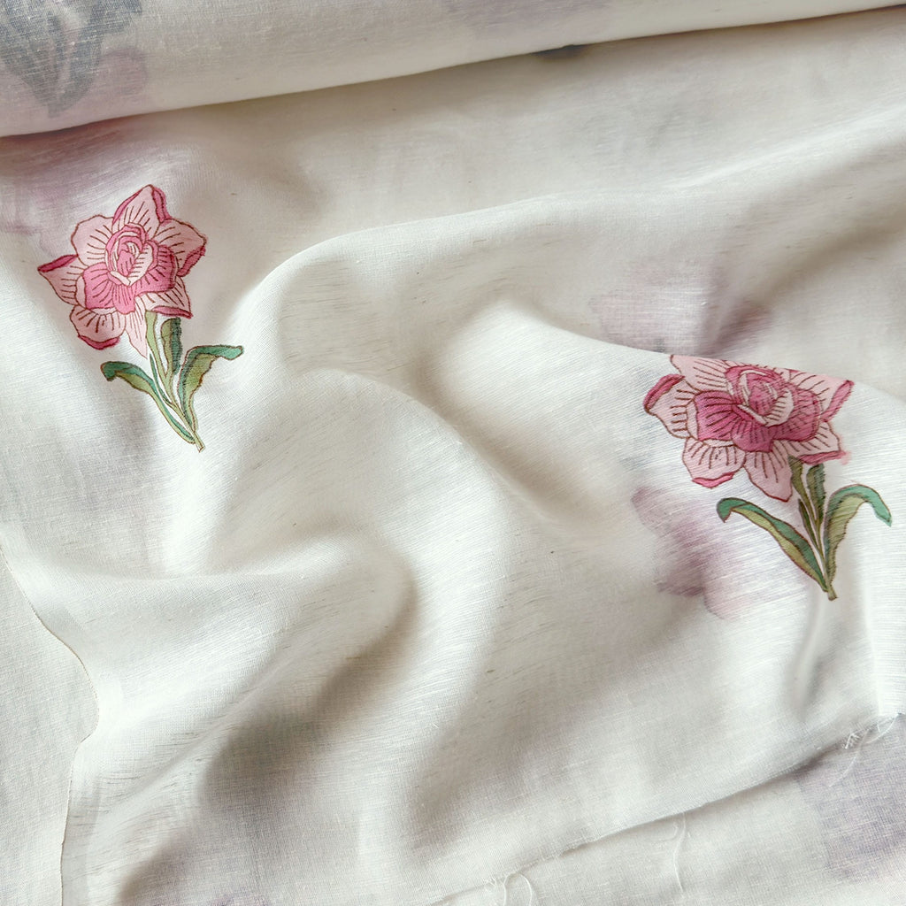 Hand Block Printed Linen Fabric Fabric Off-White & Light Pink Linen Fabric