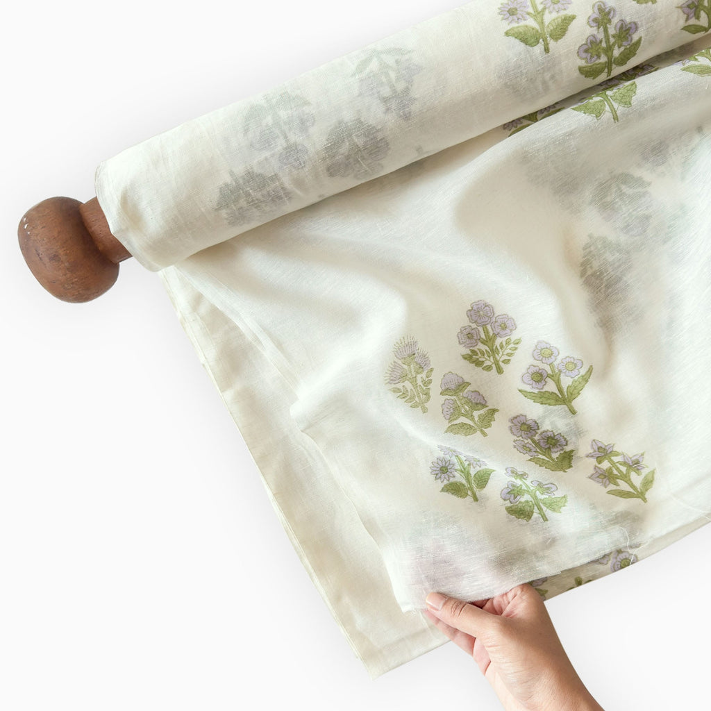 Hand Block Printed Linen Fabric Fabric Off-White & Lilac Linen Fabric